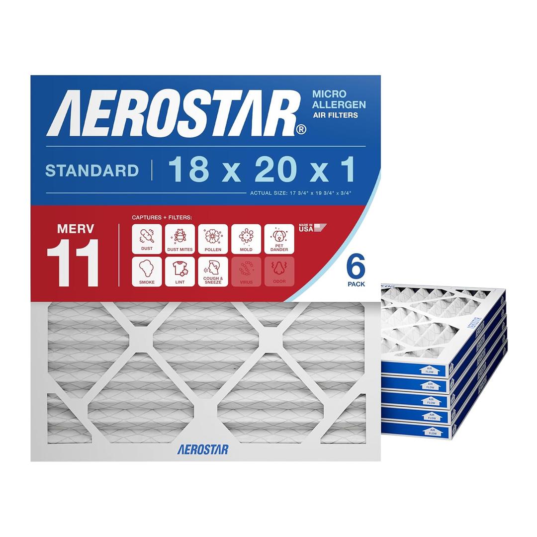 Aerostar 18x20x1 MERV 11 Air Filter, 6 Count, ACTUAL SIZE (17.50 x 19.50 x 0.75), HVAC, Air Conditioning & Furnace Filter for Dust, Pet Dander, Smoke & Allergies (MPR 1200 / FPR 7), Made in USA