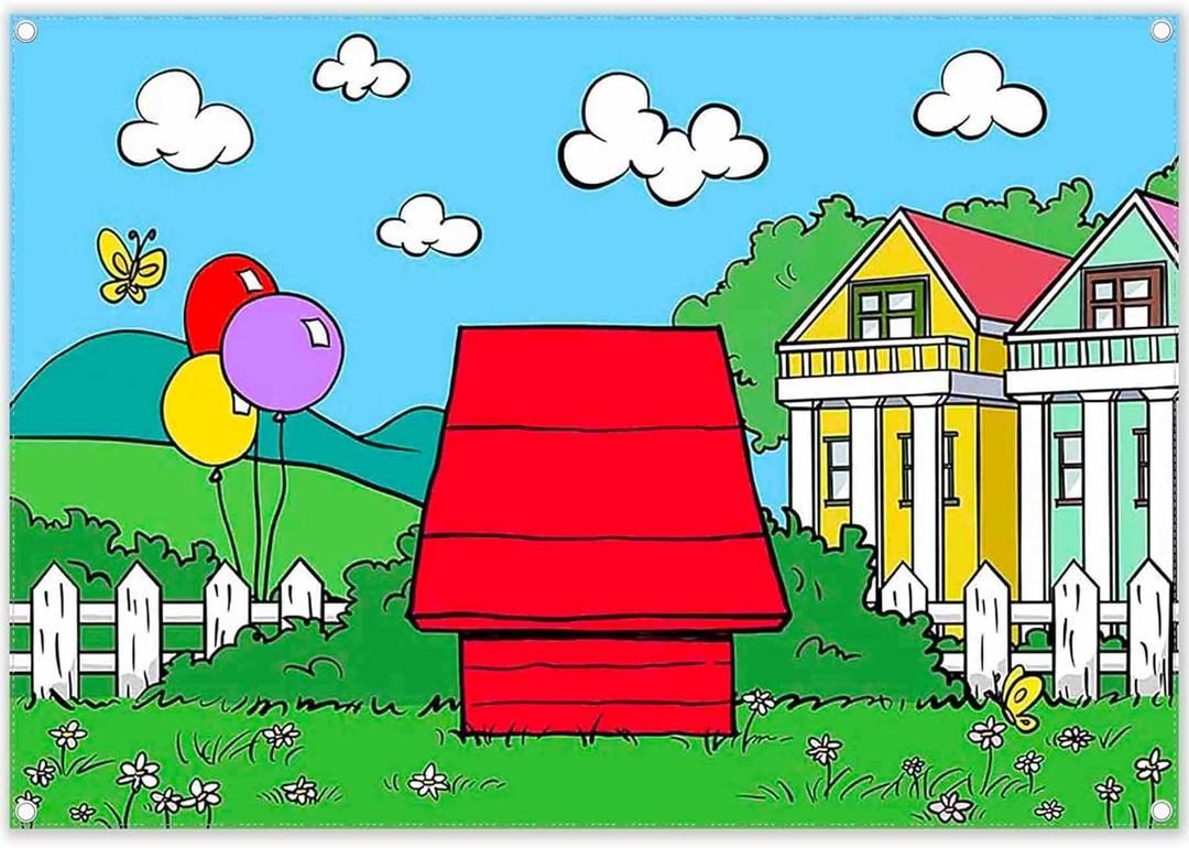 Fabric 7x5ft Cartoon Red House Photography Backdrop Blue Sky Grass Balloon Outdoor Background Party Decorations Kids Birthday Photo Booth Banner