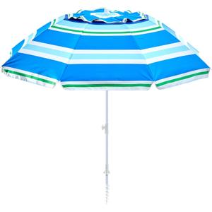 beach umbrella with sand anchor,UPF 50+protection,8 ribs, beach umbrellas for sand portable,with button tilt - multifunctional outdoor sunshade for gardens,courtyards,and beaches. (Blue Widestrip)