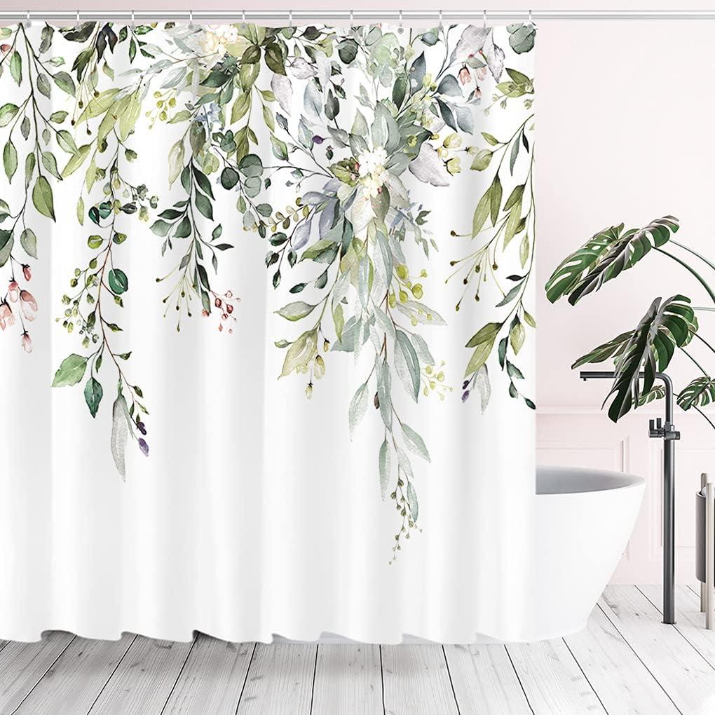 Tititex Eucalyptus Shower Curtain Sets, Watercolor Leaves on The Top Plant with Floral Bathroom Decoration 72x78 Inch with Hooks