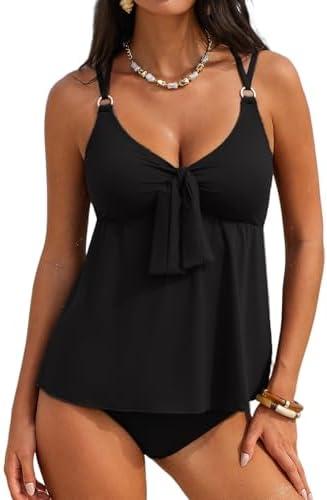 Aleumdr Women's Tankini Swimsuits Tummy Control Two Piece Bathing Suit V Neck Tie Front Flowy Swim Top with Bottom, 2XL