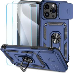 SunStory Compatible with iPhone 15 Pro Case with HD Screen Protector & Slide Camera Cover & Rotated Ring Kickstand, [Military-Grade] Phone Case for iPhone 15 Pro,Blue