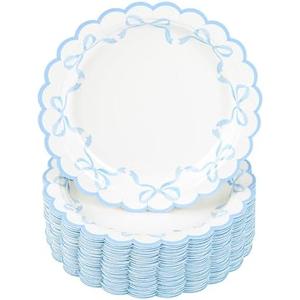Elyxio Blue Bow Paper Plates Coquette Disposable Party Plates Scalloped Bowknot 7" Dessert Plate for Birthday Bridal Baby Shower Tableware Supply Table Decor