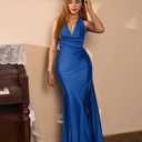 LAGSHIAN Women's Elegant V Neck Halter Backless Bodycon High Split Ruched Long Formal Evening Dress (Blue, XL)