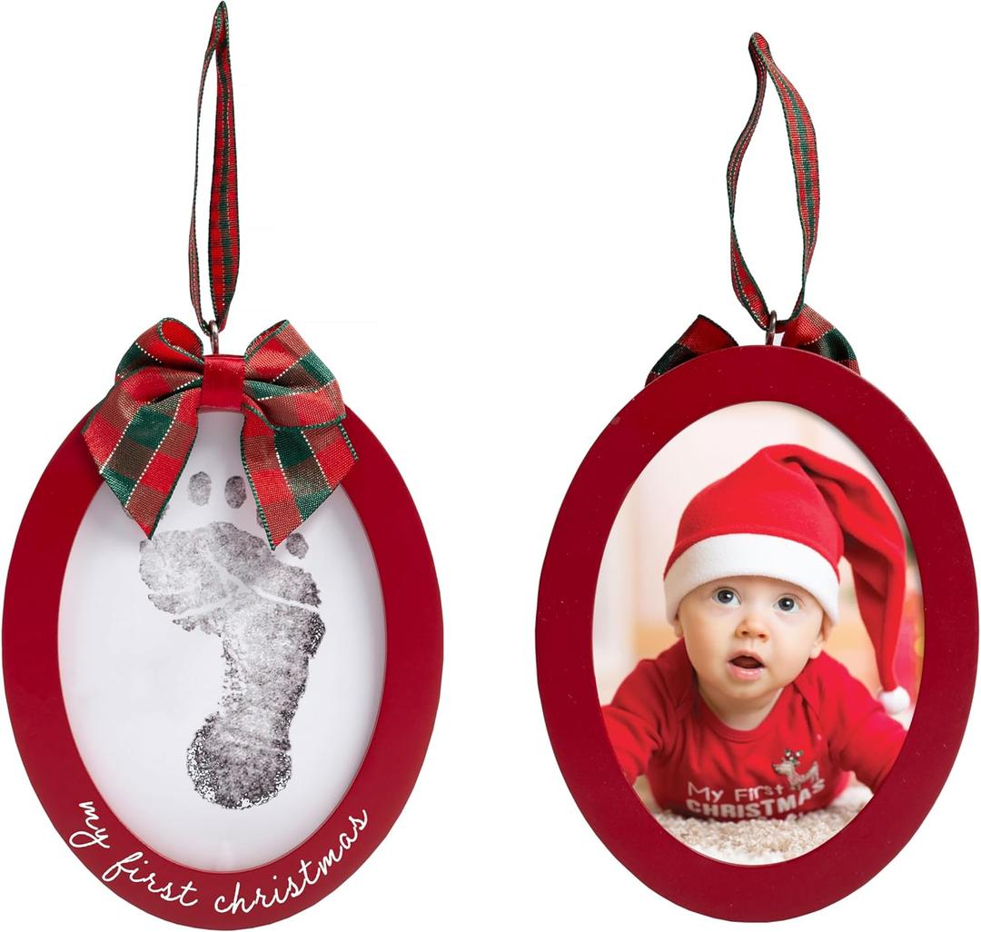 Pearhead Babyprints Double-Sided Christmas Ornament, First Holiday Keepsake Frame with Clean-Touch Ink Pad, Newborn Handprint Footprint Kit, Infant Photo Decoration, Red (1-Pack)