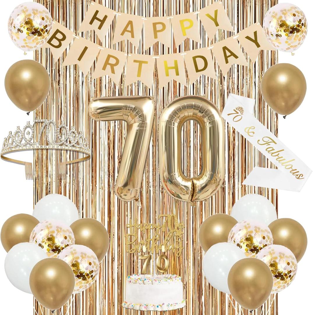 Trgowaul 70th Birthday Decorations for Women, Banner, Sash and Crown, Cake Topper, 70 Number Balloon, Fringe Curtains, Champagne Gold 70th Birthday Party Supplies