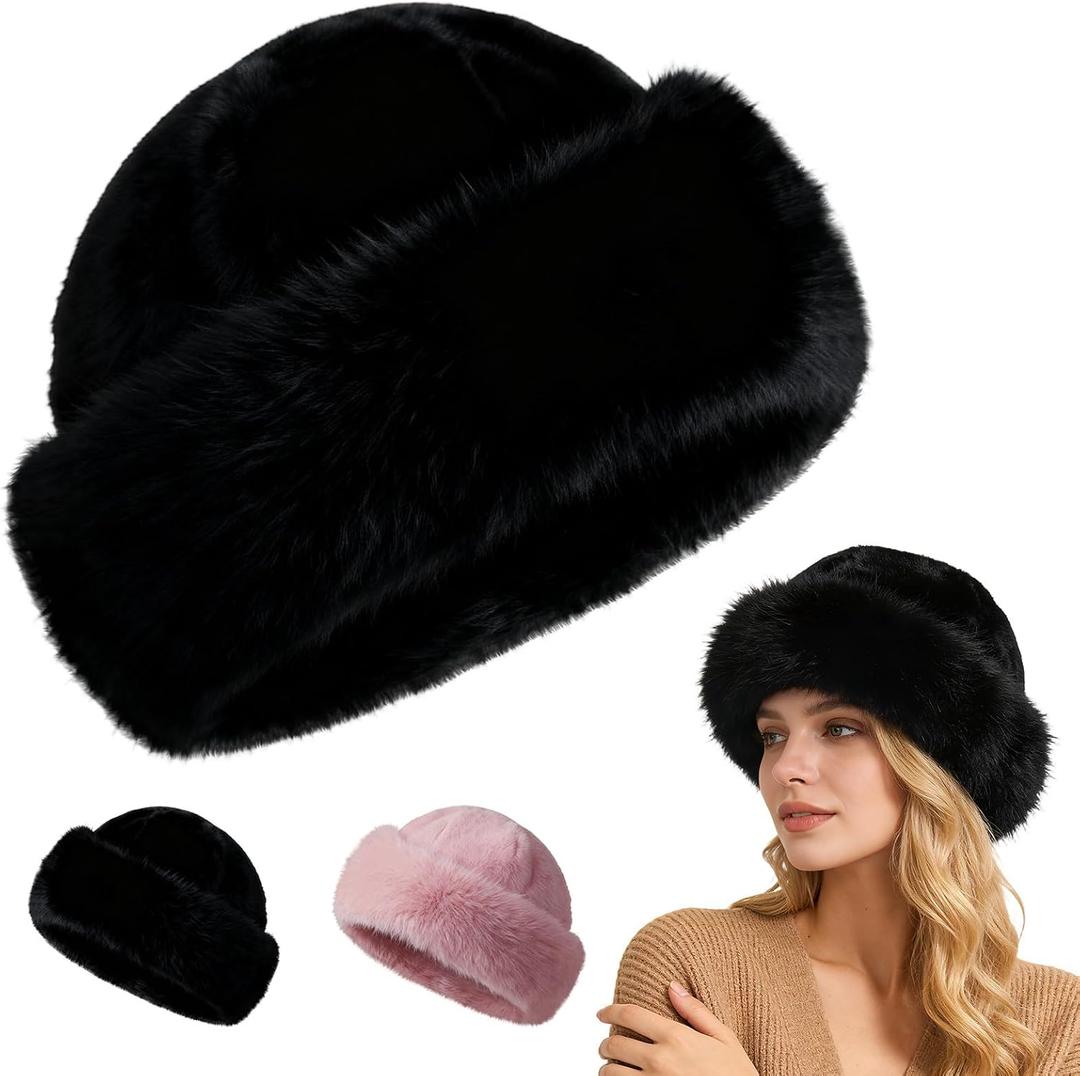 Womens Winter Faux Fur Bucket Hat, Winter Plush Fluffy Furry Faux Mink Hats, Warm Thickened Fisherman Cap Warm Cute