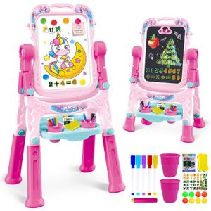 Art Easel for Kids - Adjustable Double-Sided Rotatable Magnetic White Board with Painting Accessories, Preschool Learning Toy for Girls 3-5 Years Old,Ideal Christmas Birthday Gift (Pink)