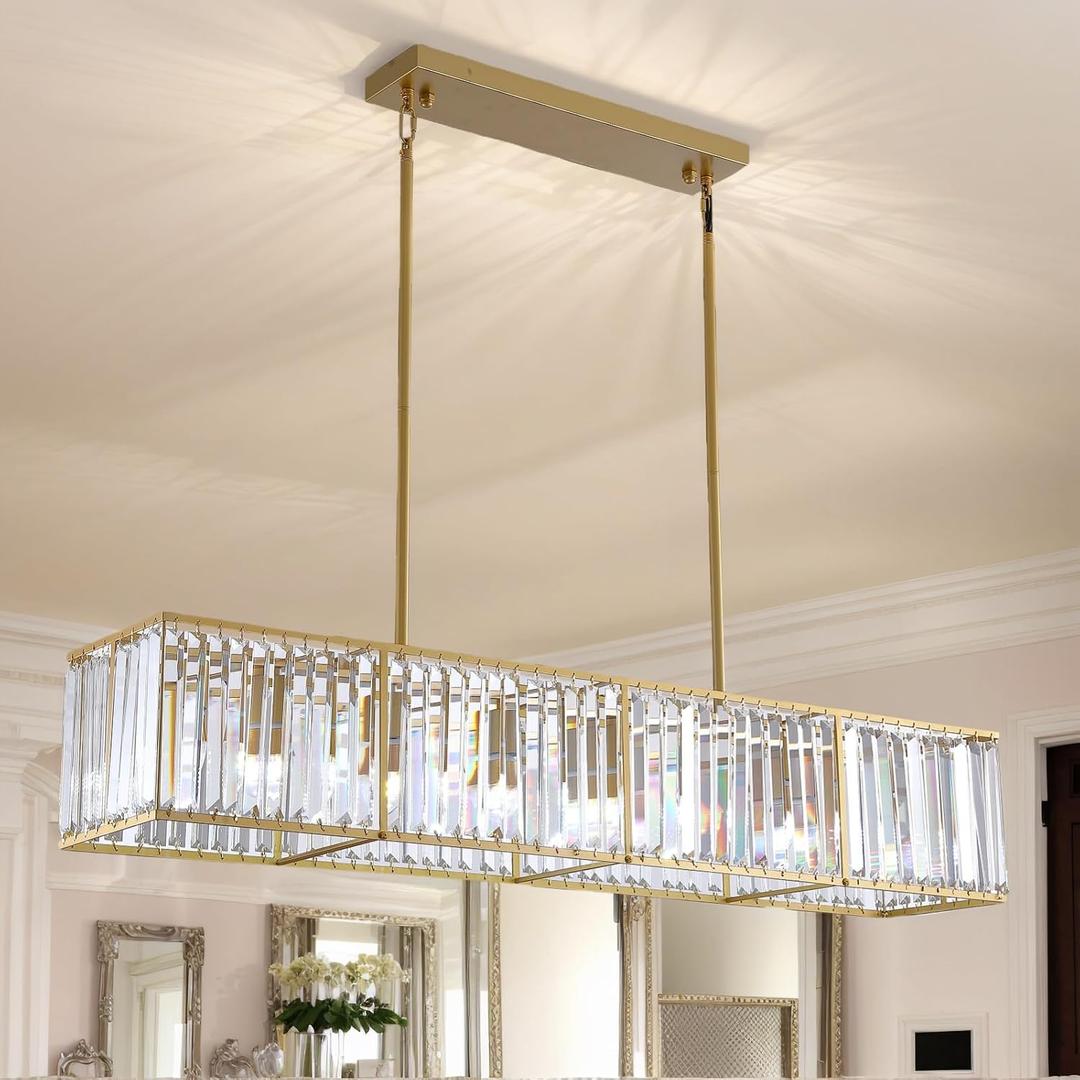 Siljoy Gold Crystal Chandelier for Dining Room, 7-Light Modern Rectangular K9 Crystal Raindrop Chandelier Pendant Ceiling Light Fixture for Living Room Kitchen Island, L47'' x W8.6'' x H8.6''