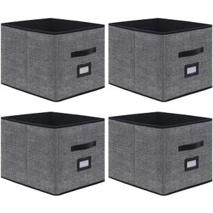 Onlyeasy Extra Large Foldable Cloth Storage Cubes 4 Pack with Label Holders - Fabric Storage Bins Baskets Organizers for Home Office Nursery with Handles, 13 L x 15 W x 13 H Inch, Black, MXABXL04PLP