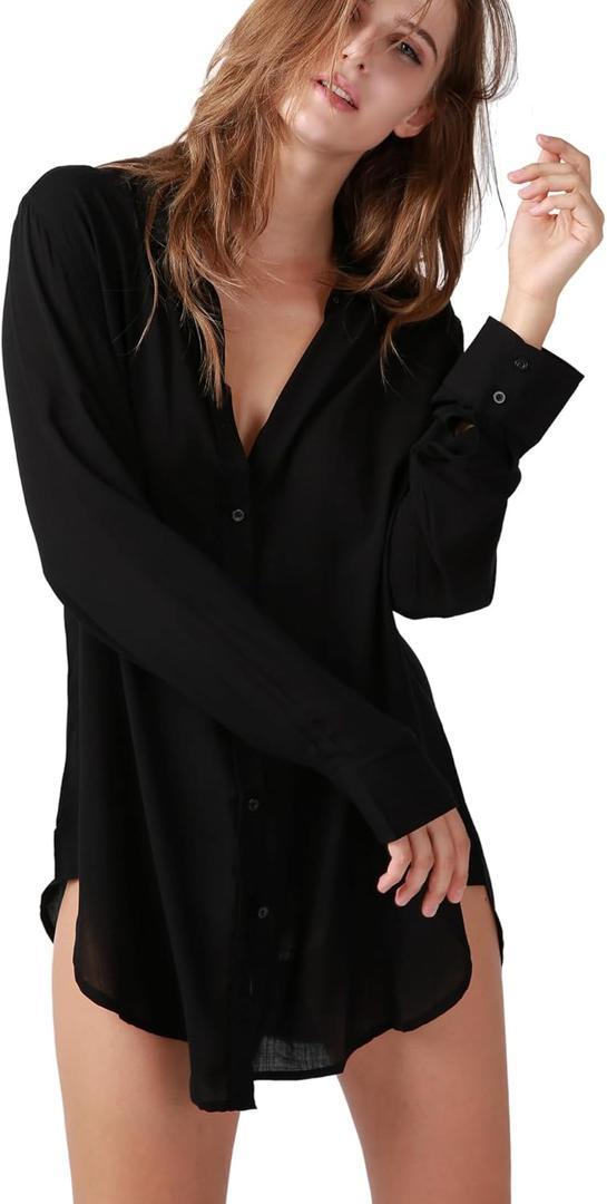 TOUSYEA Sleep Shirts for Women Button Down Shirts Long Sleeve Sleepwear Swimsuit Cover Ups Soft Pajama Tops (X-Large)