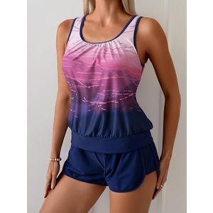 Women's Tankini Swimsuit Modest Two Piece Bathing Suit Athletic Blouson Tank Top with Short Bottoms,  Size L