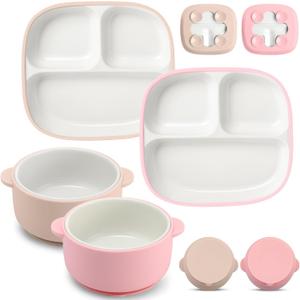 4 Pcs Square Porcelain Kid Plate Bowl Set with Suction, 2 Ceramic Toddler Divided Plate 2 Baby Anti Slip Silicone Sleeve Bowl for Feeding Supply Microwave Dishwasher Safe(Pink, Beige)