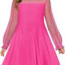 Haloumoning Girls Contrast Mesh Long Sleeve High Waist A Line Short Dress with Pockets 10-12 Years