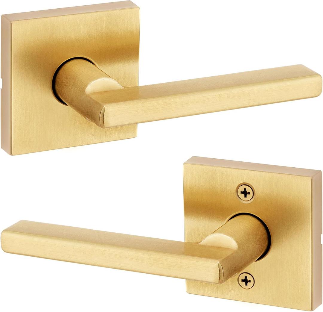 Kwikset Halifax Slim Square Passage Door Lever, Modern Interior Hallway and Closet Door Handle, Non-Locking Reversible Leverset, Satin Brass Finish