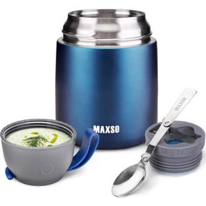 MAXSO Soup Thermo for Hot & Cold Food for Adults Kids, 17 oz Vacuum Insulated Steel Lunch Container Bento Box with Spoon, Leakproof Thermal Food Jar for School Office Travel - Dark Blue