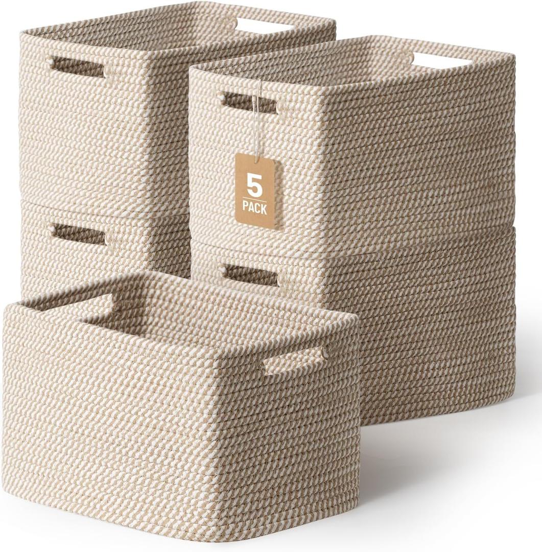 5 Pack Woven Storage Baskets for Shelves, Decorative Basket Organizer Storage Bins for Toys, Books, Clothes, Closet, Nursery, Bathroom  Cotton Rope Shelf Baskets for Organizing and Decor, Khaki