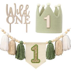 Wild One High Chair Banner For 1st Birthday Party Boy Decorations With Green Tassel Garland Crown Hat Wild One Cake Topper (White Beige Green)