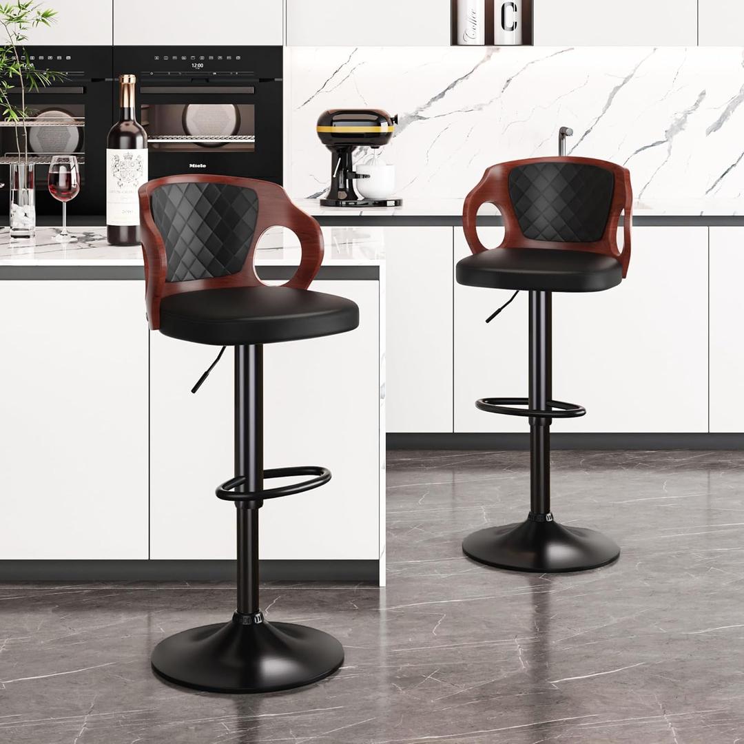 VECELO BarStools Set of 2,Counter Height Stools with Bentwood Back&Arm, Swivel Barstools,PU Leather Kitchen Island Stools, Adjustable Height Bar Chairs for Club Pub Dining Room,Black