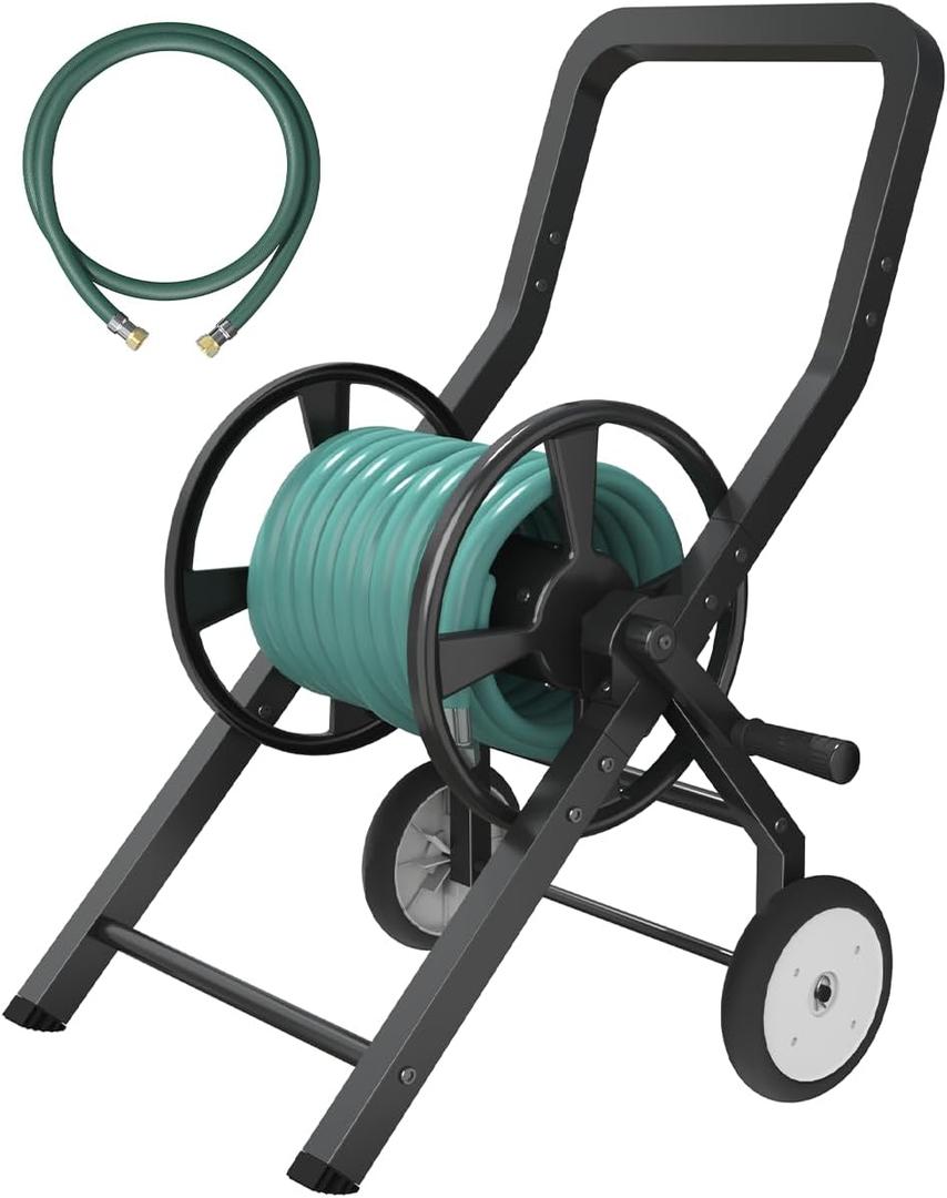 Artigarden Garden Hose Reel Cart with Wheels, Outdoor Heavy Duty Powder-coated Steel Water Storage Winder Holder, Holds 125 ft of 5/8 Hose with 3.9 Ft Leader Hose for Outside Lawn Yard, Black