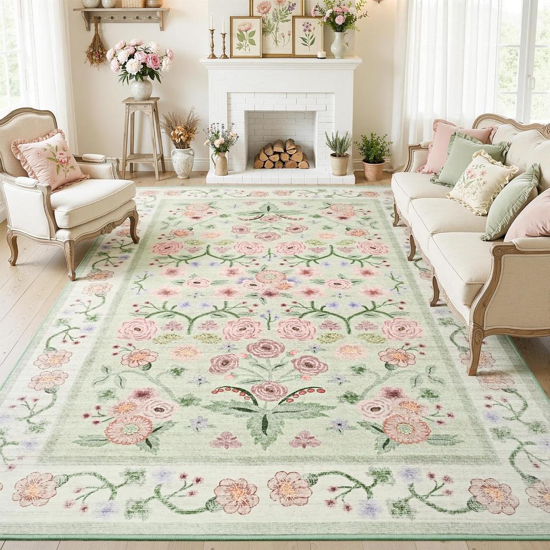 Maxsoft 8x10 Area Rugs for Living Room Bedroom, Floral Vintage Large Rug with Rubber Backing: Soft Non-Slip and Washable Low Pile Throw Carpet for Dining Room Kitchen Home Decor, Green