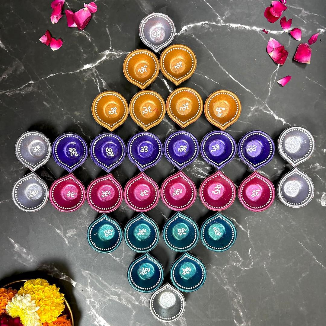 Set of 30 Colourful Handmade Diyas for Home Hand Painted Decorative Clay Mitti Diya Deepak Lanterns, Diwali Decor, Diwali Diyas Diwali Decoration for Home with Cotton Wicks