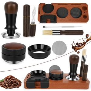 8 PCS Espresso Accessories Kit, 51mm Espresso Tamper Kit Coffee Tamper Set with Coffee Distributor, Espresso Tamping Station, Espresso WDT Stirrer, Puck Screen,Dosing Funnel