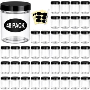 Eupako 48 Pack Plastic Jars with Lids 6 OZ - Empty Clear Cosmetics Containers with Pen and Labels, Round Small Plastic Jars with Screw On Lids for Slime, Makeup, Butter, Cream, Lotion, Pot, Dry Food