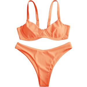 ZAFUL Women's Ribbed Underwire Bikini Set High Cut Colorblock V Notch Swimwear Printed High Leg Swimsuit (7_orange), S