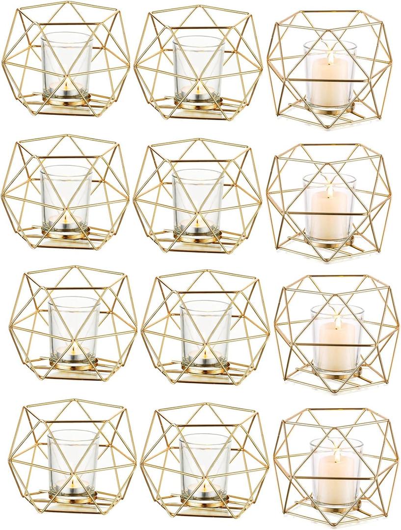 Hewory Geometric Tealight Candle Holders Gold, Modern Metal Geo Wedding Centerpieces for Table, Votive Candle Stand Accent for Tea Light for Home Shelf Mantel Christmas Birthday Party Decor, 12pcs