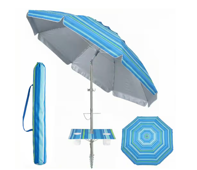 7 ft. Metal Tilt Beach Umbrella with Sand Anchor and Carry Bag, Built-In Table Tray in Baby Blue Stripes