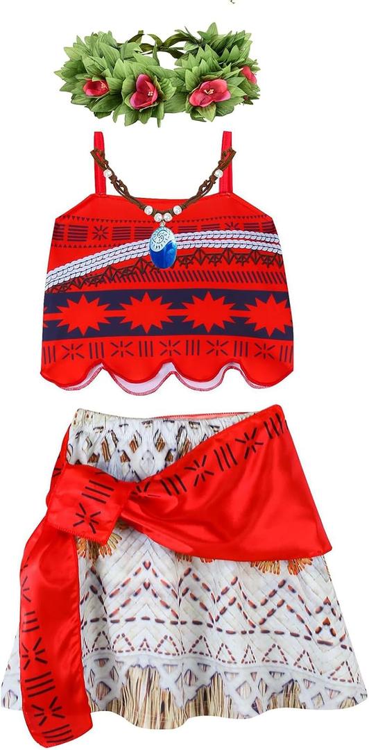 DDazzling Princess Costume Set with Hawaiian Flower Garland and Necklace (9-10 Years, Red)