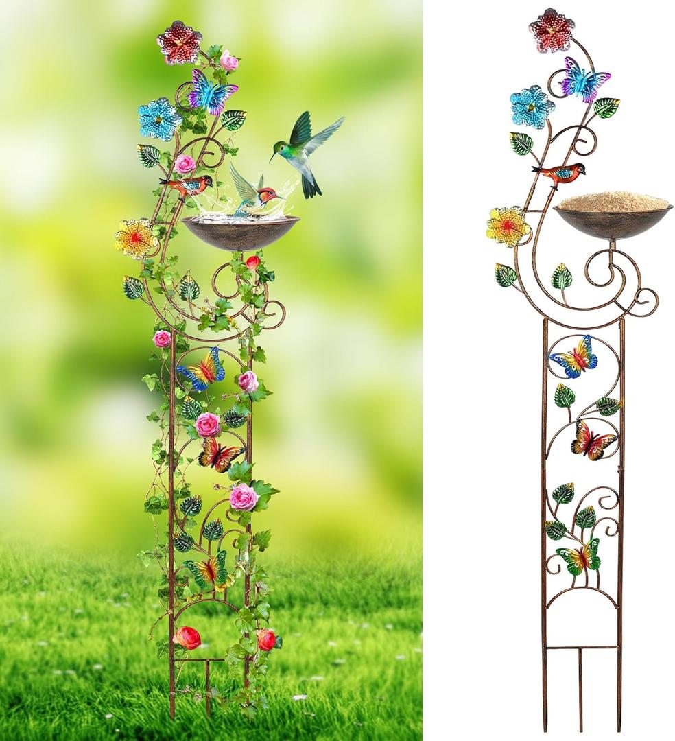 57 Bird Bath with Garden Trellis for Climbing Plants Outdoor, Small Decorative Metal Birdbath Bird Baths, Butterfly (Butterfly)
