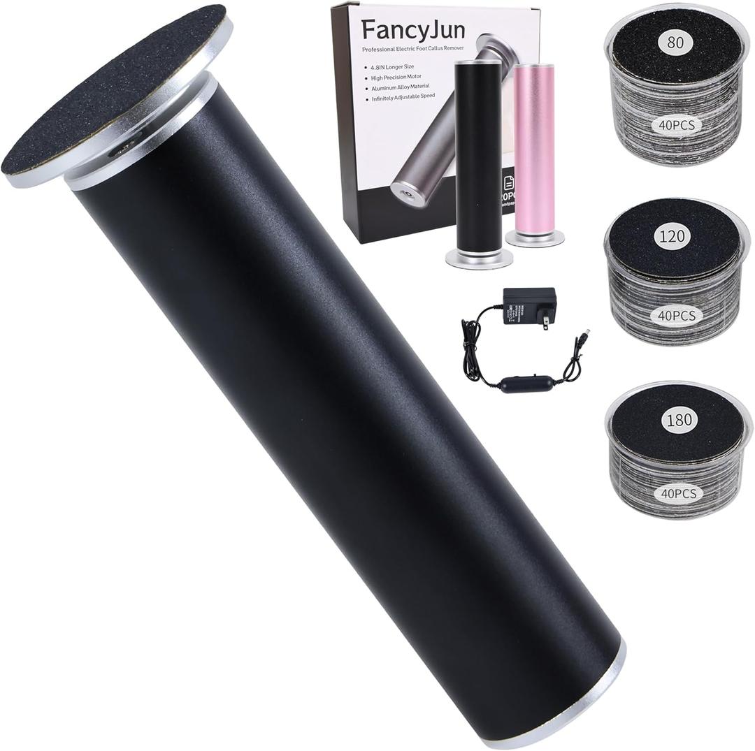 FancyJun Electric Foot Callus Remover with 120pcs Sandpaper Discs(3 Sizes), Professional 800RPM Aluminum 4.8 Inches Callus Remover for Feet, Stepless Speed Control for Dead Skin (Black)