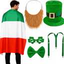 Leprechaun Costume Set, St Patricks Day Hat Flag Cape Glasses Suspenders Beard Bow Tie for Adult (Green)