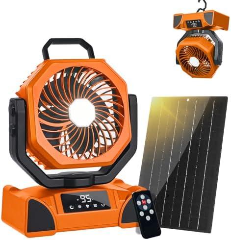 20000mAh Solar Camping Fan, Portable Rechargeable Battery & Solar Powered Fan with 7W Solar Panel, Remote Control, Auto Oscillating, LED Display, Light, Timer for Outdoor Camp, Beach, Travel Tent