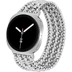 Dressy Beaded Bracelet Compatible with Samsung Galaxy Watch 8 Band 40mm 44mm/8 Classic 46 mm Women, Fashion Cute Strechy Stainless Steel Beads Strap for Galaxy Watch 8 (Silver)