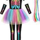LMYOVE Kids Glow in The Dark Girl Skeleton Costume, Punk Bones Tutu Dress for Girls Halloween Party Dress Up (11-12Y)