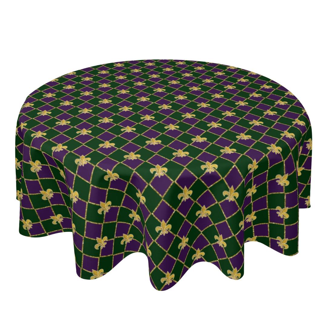Mardi Gras Purple and Green Plaid Round Tablecloths 60 inch Carnival Fleur De Lis Table Cloth Cover Washable Purple Circle Table Cover Decor for Dining Kitchen Party Picnic Farmhouse Outdoor