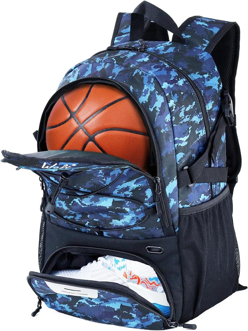 WOLT Basketball Backpack Large Sports Bag with Separate Ball Holder & Shoes Compartment, Best for Basketball, Soccer,Gym (Camouflage Blue)