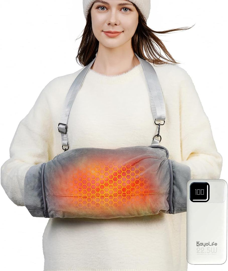 Rechargeable Hand Warmer Pouch with Far Infrared Heating Technology, Electric Heated Muff for Men & Women, Safe and Soft Fleece Hand Warmer with Cuffed Openings, Long Battery Life & Warming Comfort