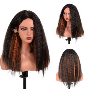 BrittyHair Kinky Straight Corn Silk Curly Wig 18 Inch Yaki Crimped Waves Synthetic Yaki Wigs for Black Women Wear And Go Glueless Half Wig (Black Mixed Ginger, 18 Inch)