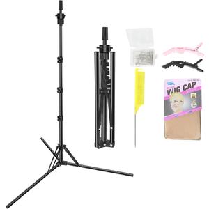 Mannequin Head Stand, Upgrade Foldable Wig Stand Tripod for Cosmetology Hairdressing Training, Metal Adjustable Wig Head Stand with Wig Caps, T-Pins, Comb, Hair Clips