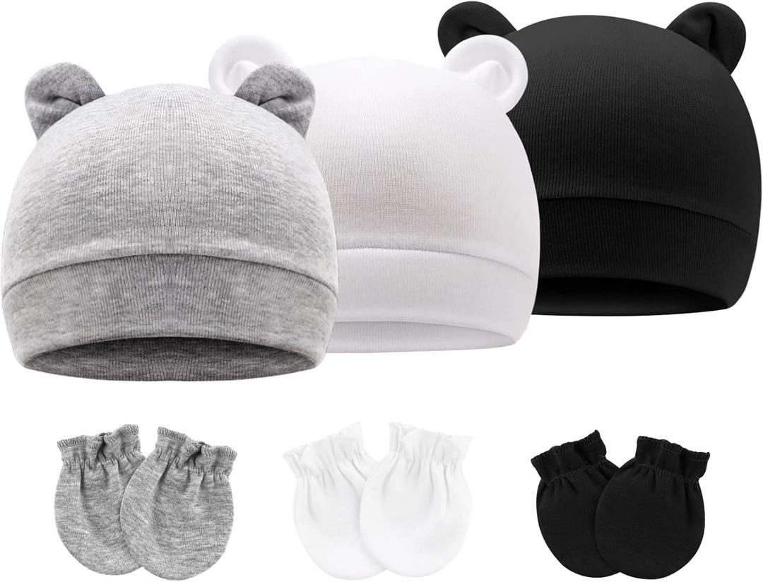 BQUBO Newborn Girls Hats Baby Hat and Mittens Set Infant Caps Bow Hospital Beanie with No Scratch Mittens for Baby Boys Girls, 0-3 Months, 3 Sets G: Bear Ears Hats & Mittens A(0-3 Months)