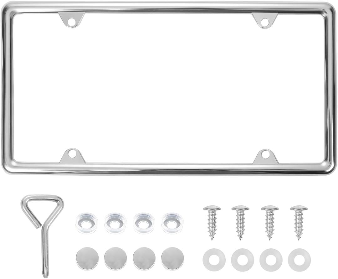 Chrome License Plate Frame Made of Zinc Alloy Metal, Universal Car Accessories,1 Pack License Plate Holder Never Rust and Unbreakable with Metal Screws, Chrome Caps and Screwdriver