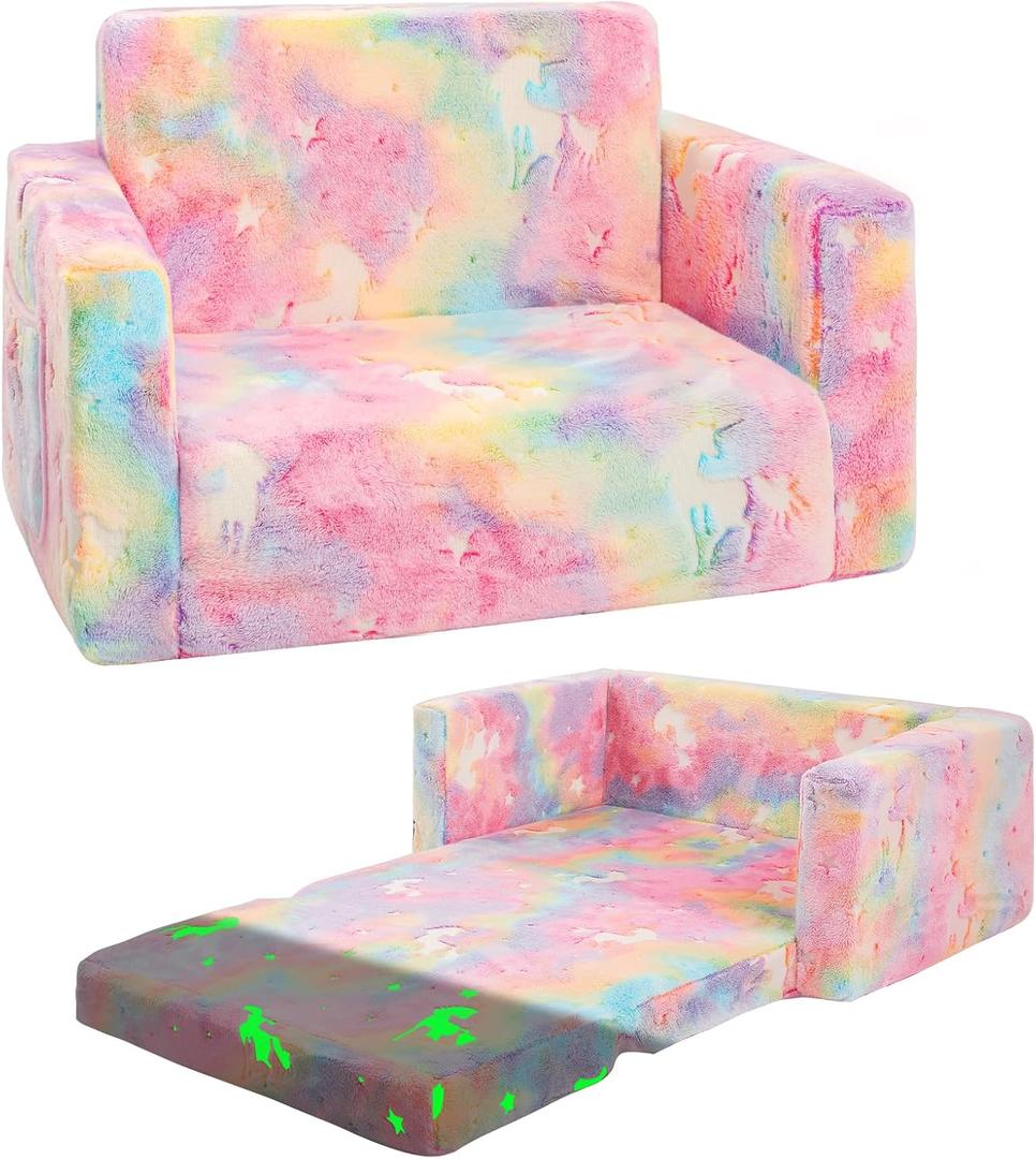 inhand Toddler Chair Comfy,2-in-1 Soft Toddler Couch Fold Out for Kids,Convertible Sofa to Lounger,Gift for Girls and Boys 1-8 Birthday,Unicorn,Medium