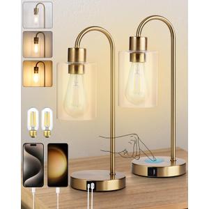 Bedside Lamps Set of 2, Gold Touch Table Lamp with USB C+A Ports, 3 Way Dimmable Bedroom Lamps with Glass Shade, Brass Nightstand Lamp for Bedroom Living Room, 2 LED Bulbs Included