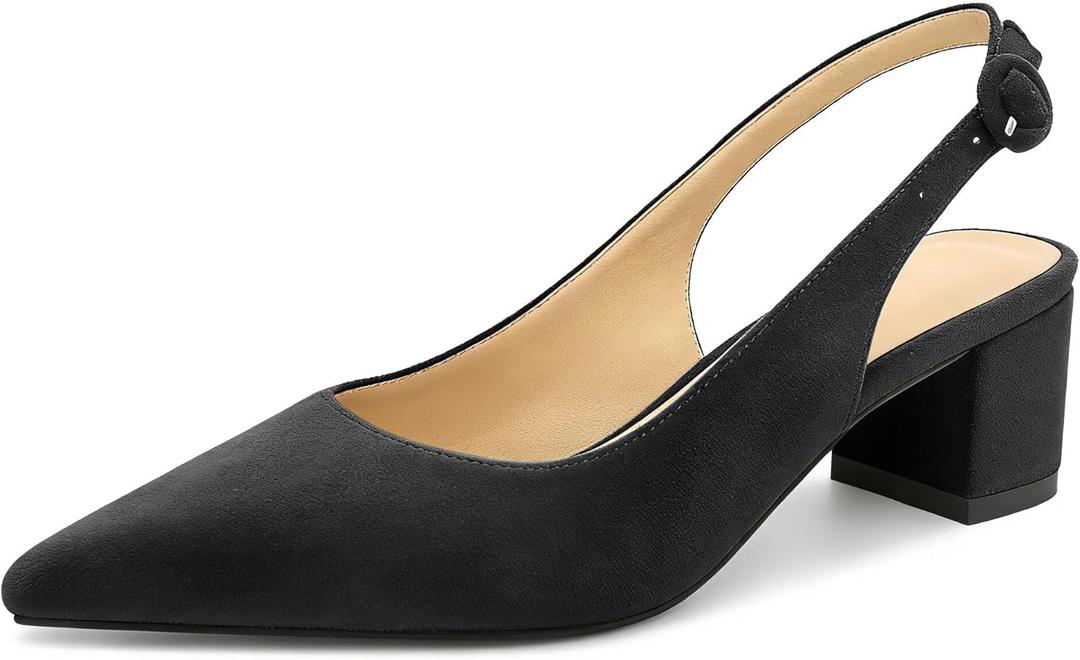 Eldof Slingback Heels Women Block Low Heel Pointed Toe Pumps Ankle Buckle Office Dress Suede Shoes 2 Inches (7)