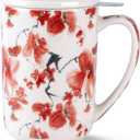 AmorArc Porcelain Tea Mug with Infuser and Lids, 18 Oz Coffee Cup Strainer with Bag Holder for Loose Leaf Tea, Steeping Coffee Mug for House-warming Wedding Birthday Gift (Sakura)