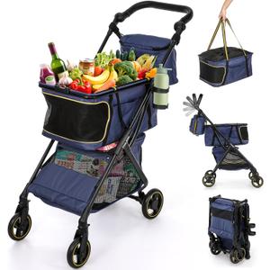 Dyna-Living Collapsible Shopping Cart Adjustable Handle Personal Shopping Cart for Groceries, 70lbs Load-Capacity, Lightweight Aluminum Frame Foldable Utility Shopping Push Stroller with Wheels